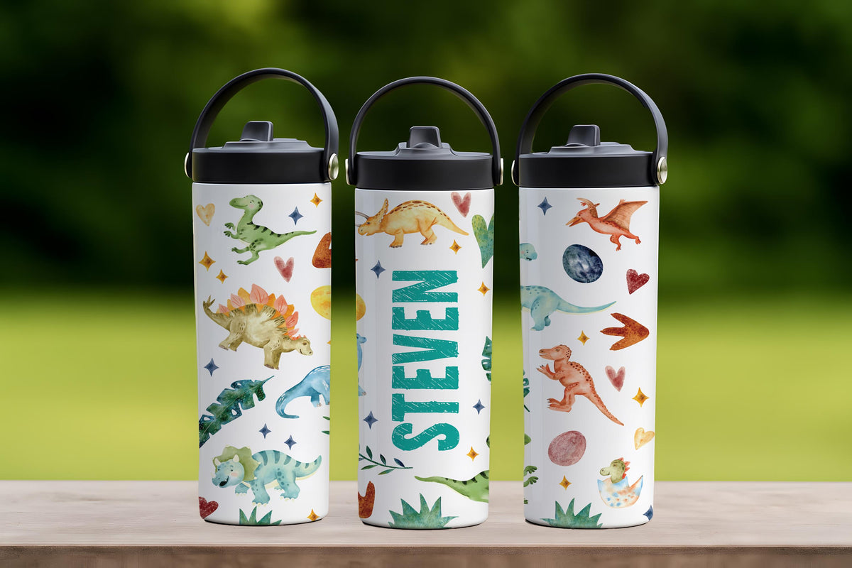 Personalized Dinosaur Theme Insulated Tumbler, Family Vacation Kids Steel Water Bottle