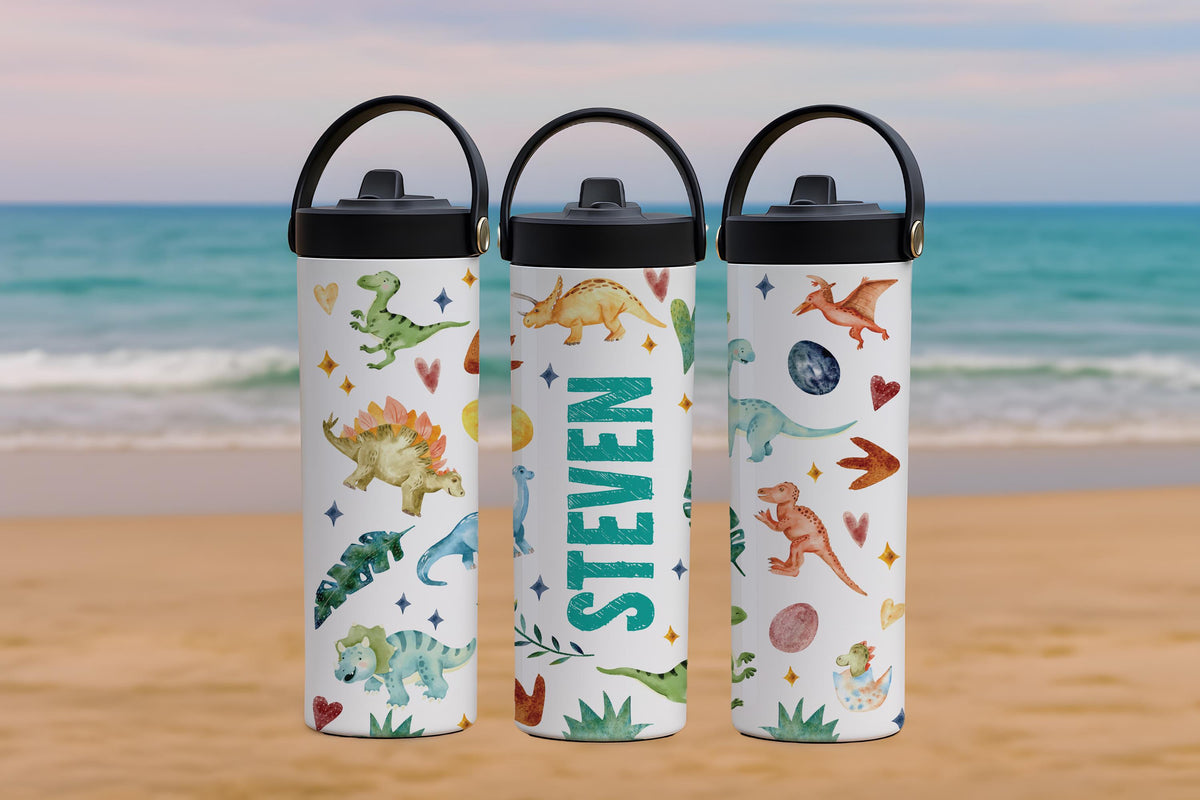 Personalized Dinosaur Theme Insulated Tumbler, Family Vacation Kids Steel Water Bottle