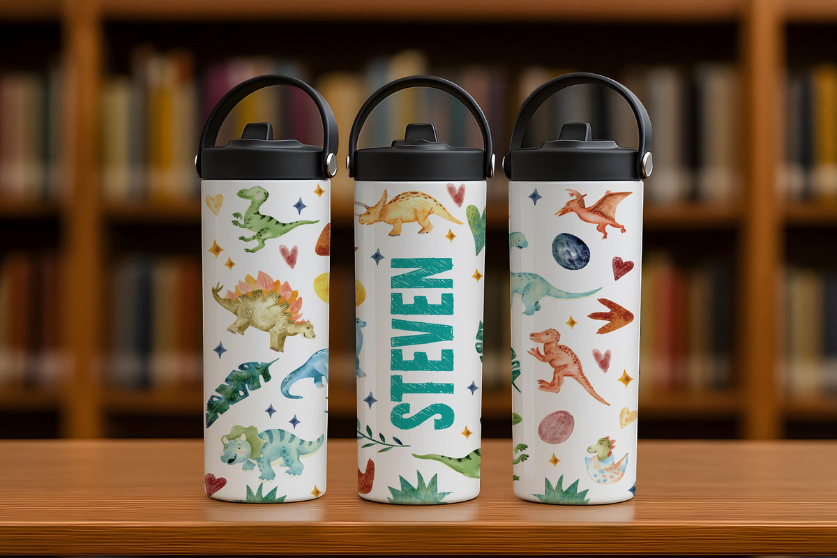 Personalized Dinosaur Theme Insulated Tumbler, Family Vacation Kids Steel Water Bottle