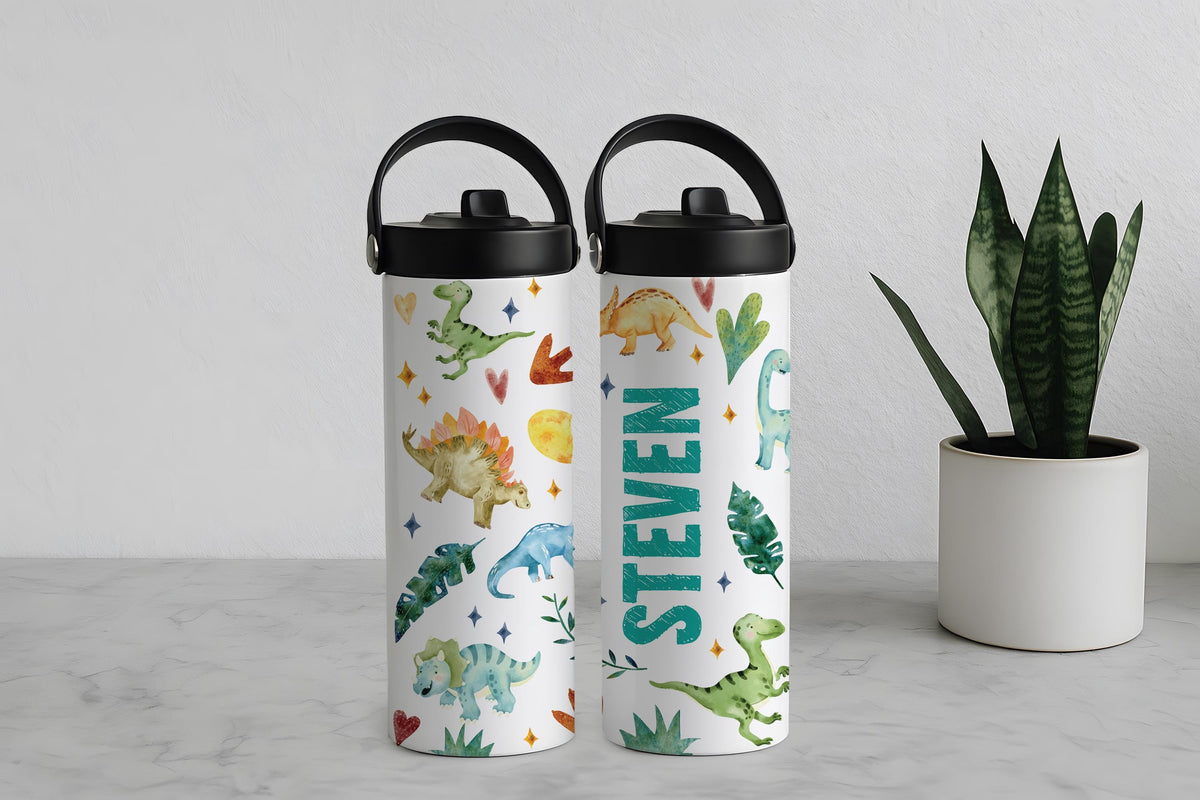 Personalized Dinosaur Theme Insulated Tumbler, Family Vacation Kids Steel Water Bottle