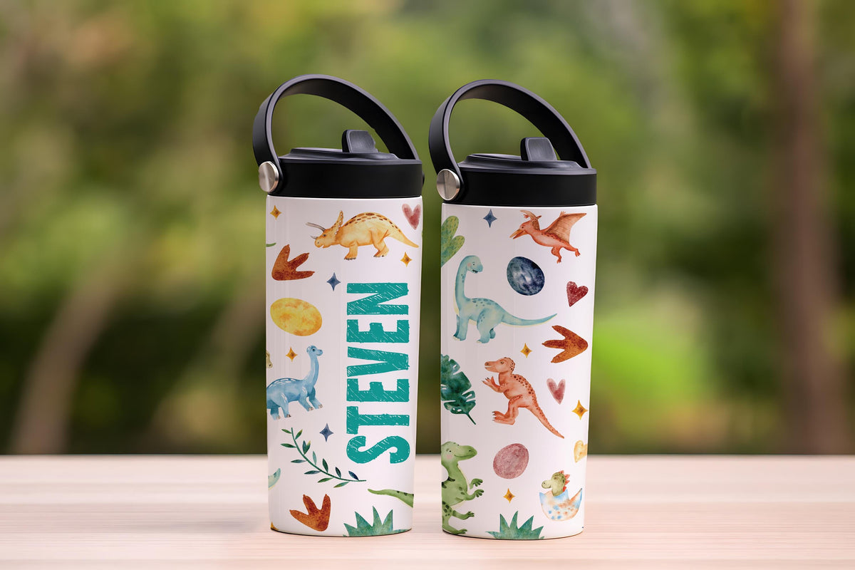 Personalized Dinosaur Theme Insulated Tumbler, Family Vacation Kids Steel Water Bottle