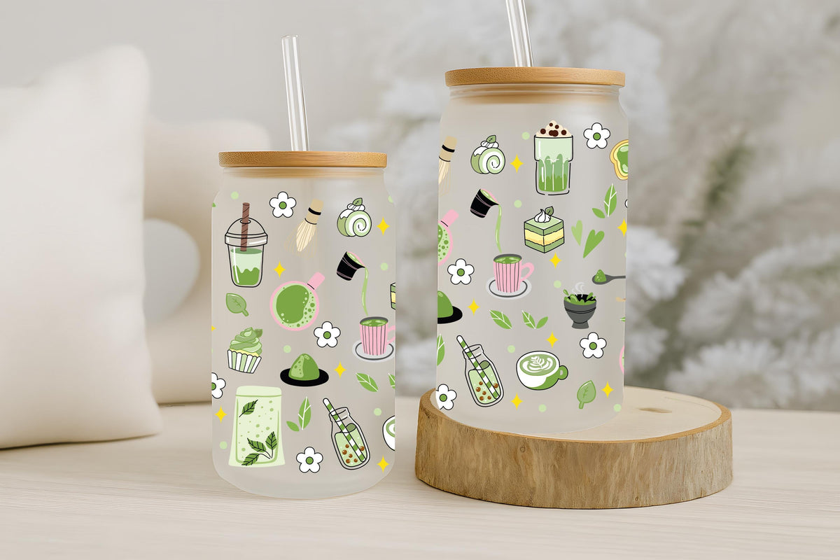 Aesthetic Matcha Theme Can Glass Tumbler, Colorful Kawaii Doodle Bamboo Lid Cup
