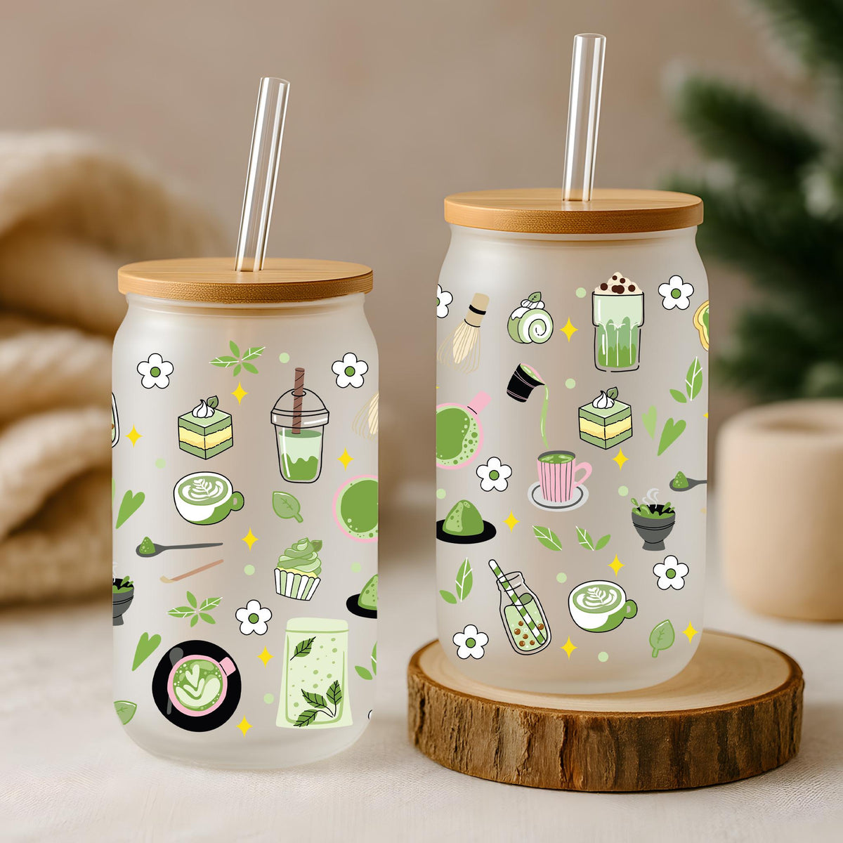 Aesthetic Matcha Theme Can Glass Tumbler, Colorful Kawaii Doodle Bamboo Lid Cup