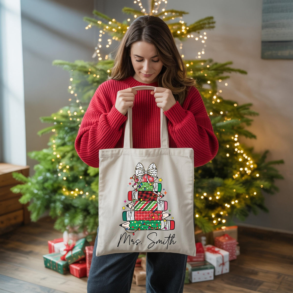 Custom Teacher Christmas Tote Bag, Teacher Xmas Bag Gift, Personalized Teacher Name Canvas Bag, Teacher Christmas Gifts, Merry Teacher Bag