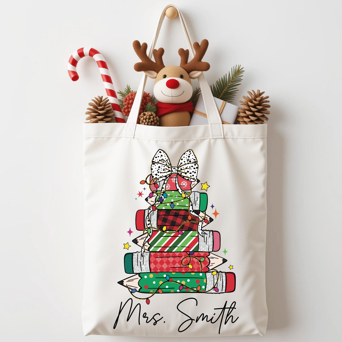Custom Teacher Christmas Tote Bag, Teacher Xmas Bag Gift, Personalized Teacher Name Canvas Bag, Teacher Christmas Gifts, Merry Teacher Bag