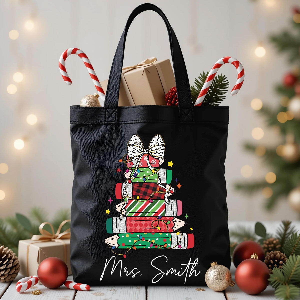 Custom Teacher Christmas Tote Bag, Teacher Xmas Bag Gift, Personalized Teacher Name Canvas Bag, Teacher Christmas Gifts, Merry Teacher Bag