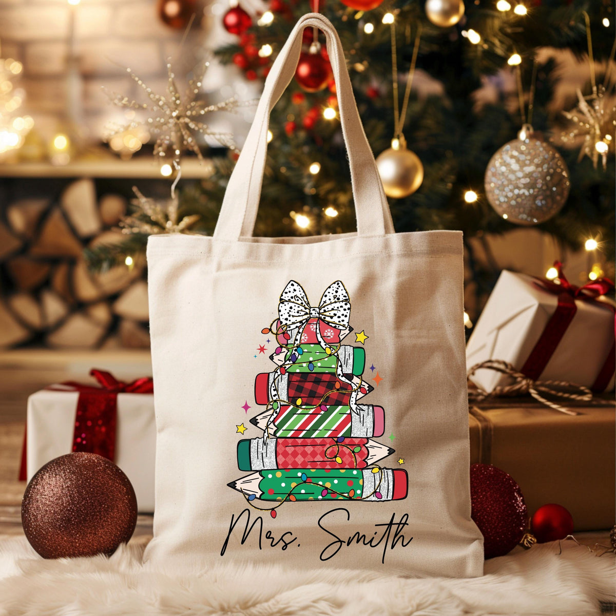 Custom Teacher Christmas Tote Bag, Teacher Xmas Bag Gift, Personalized Teacher Name Canvas Bag, Teacher Christmas Gifts, Merry Teacher Bag