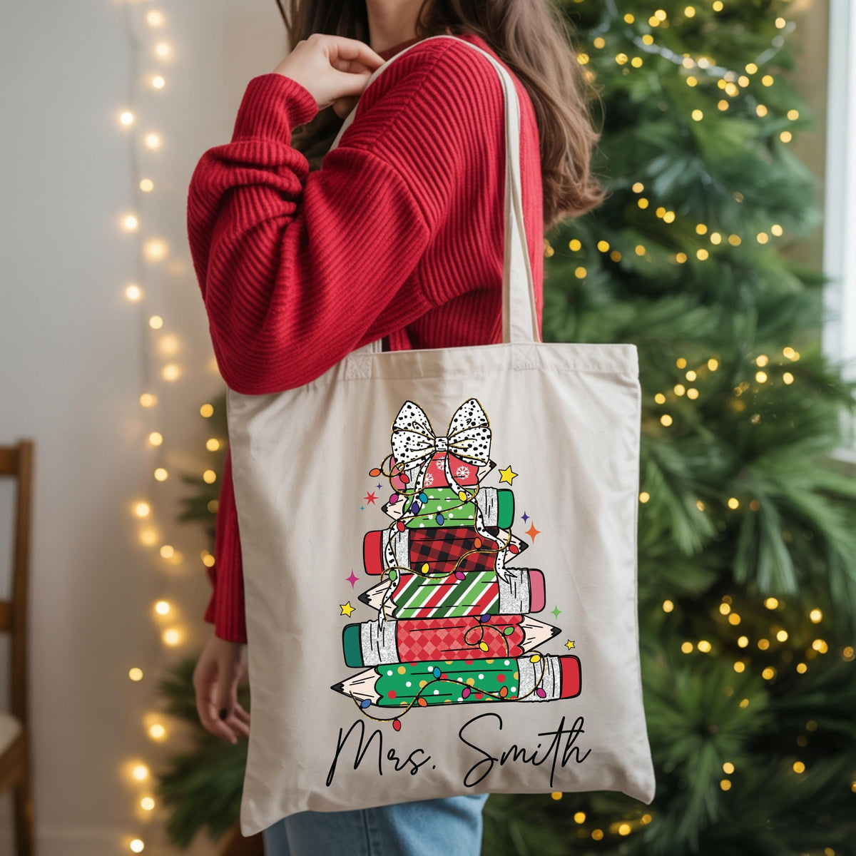 Custom Teacher Christmas Tote Bag, Teacher Xmas Bag Gift, Personalized Teacher Name Canvas Bag, Teacher Christmas Gifts, Merry Teacher Bag