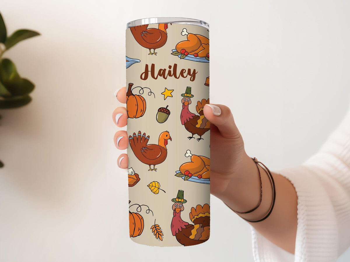 Custom Name Thanksgiving Theme Tumbler With Straw, Turkey & Pumpkin Design Stainless Steel Cup