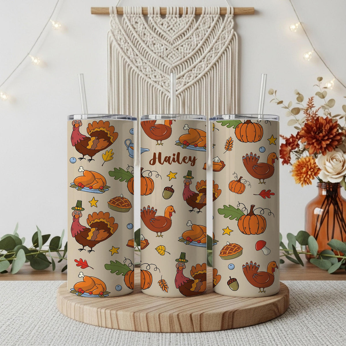 Custom Name Thanksgiving Theme Tumbler With Straw, Turkey & Pumpkin Design Stainless Steel Cup