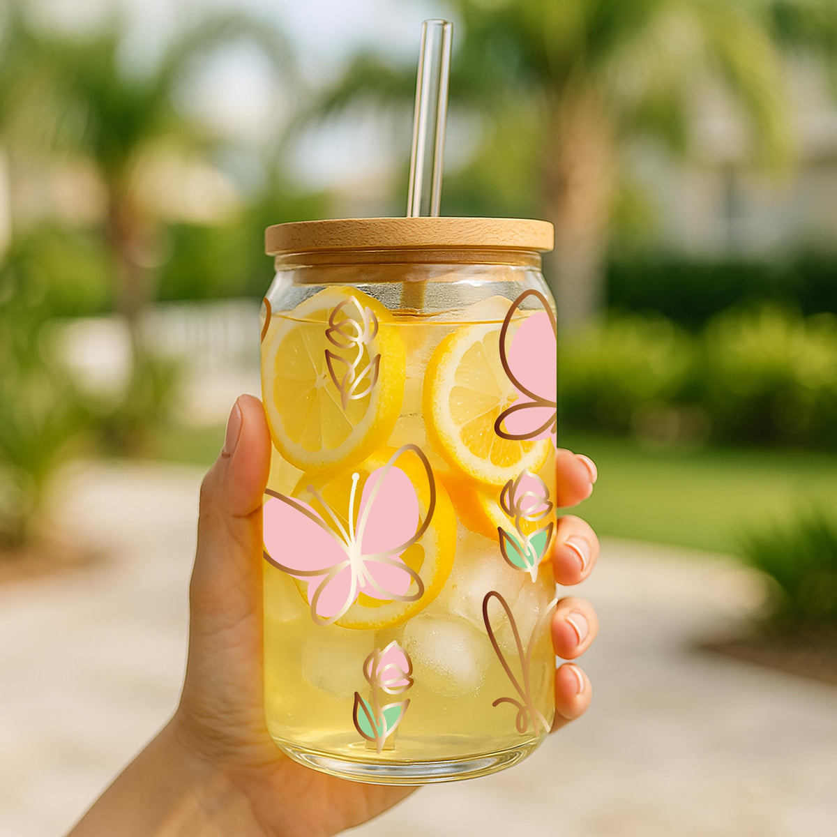 Golden Striped Butterfly Design Can Glass Tumbler