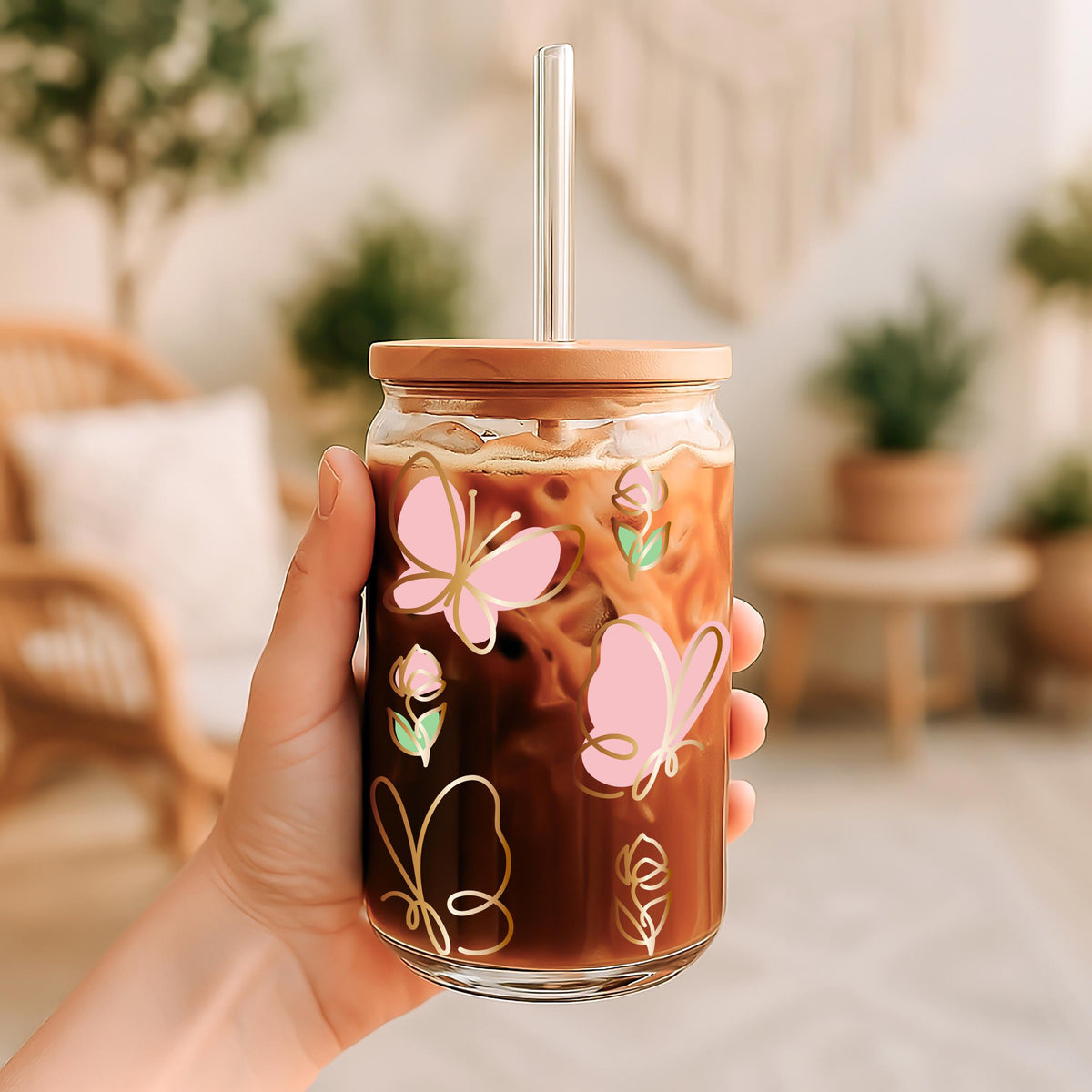 Golden Striped Butterfly Design Can Glass Tumbler