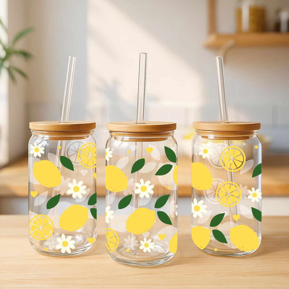 Lemon And Daisy Pattern Summer Drinks Glass Cup, Vibrant Color Lemonade Cup