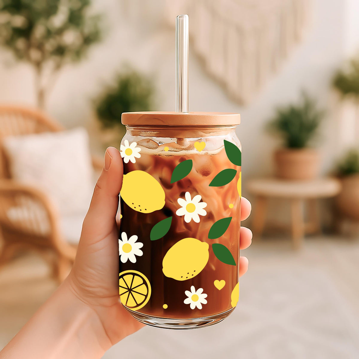 Lemon And Daisy Pattern Summer Drinks Glass Cup, Vibrant Color Lemonade Cup