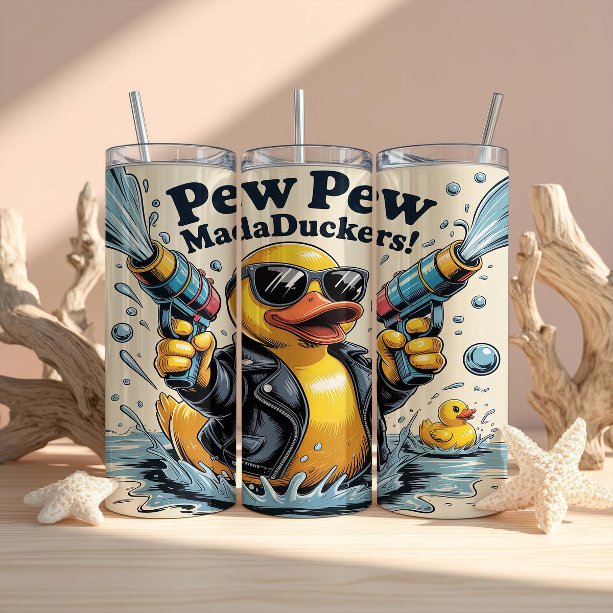 Pew Pew MadaDuckers Insulated Tumbler, Funny Duck With Guns Coffee Tumbler