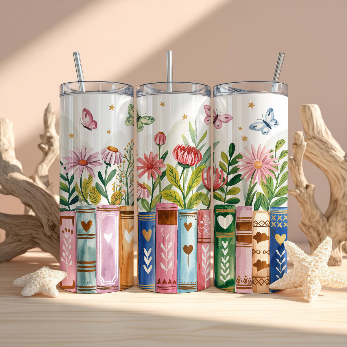 Floral Books Butterflies Tumbler, Nature Lover Bookworm Steel Travel Mug