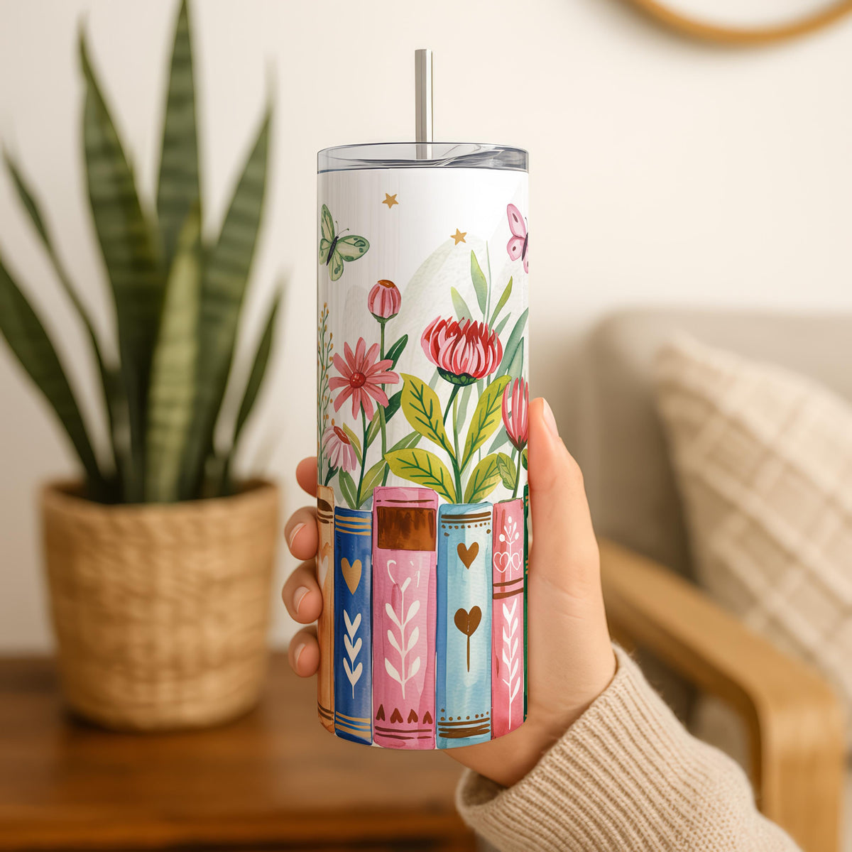 Floral Books Butterflies Tumbler, Nature Lover Bookworm Steel Travel Mug