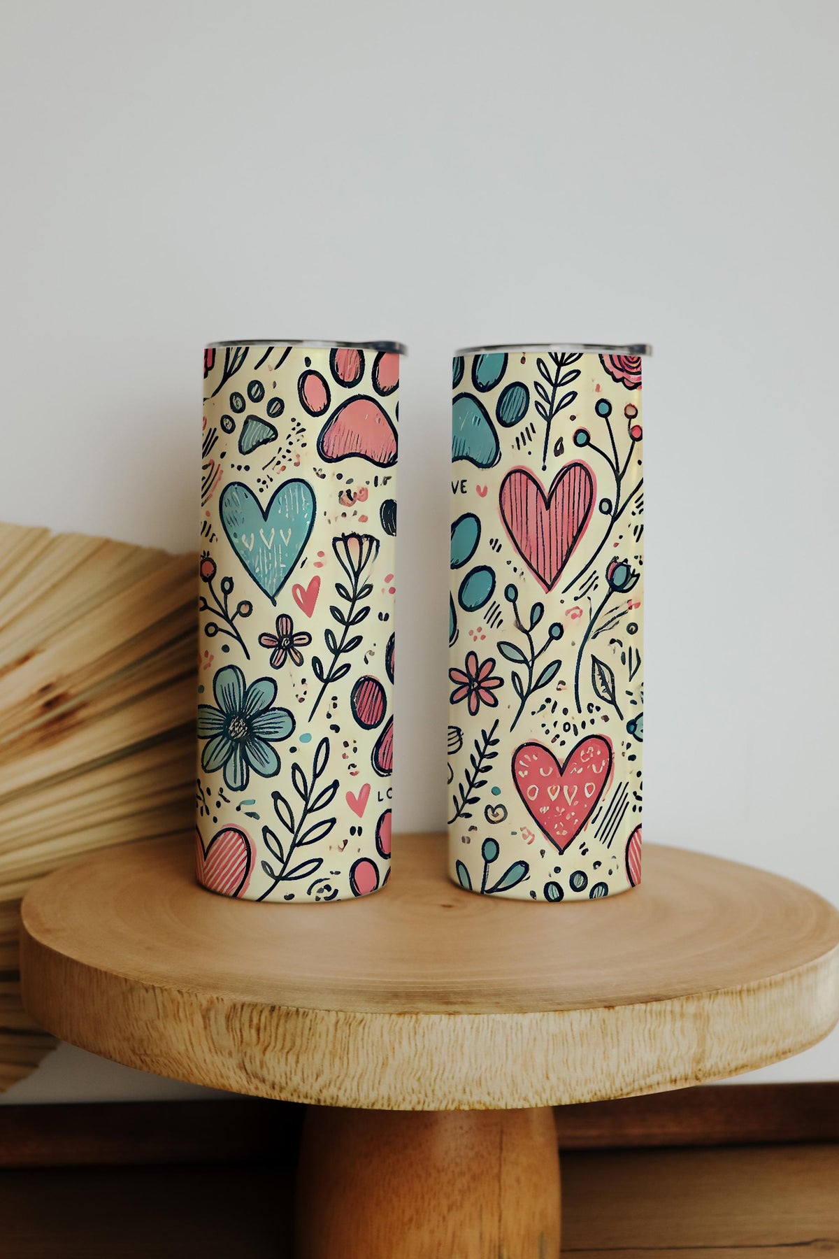 Floral Dog Lover On The Go Tumbler, Dog Paws And Hearth Pattern Stainless Steel Tumbler
