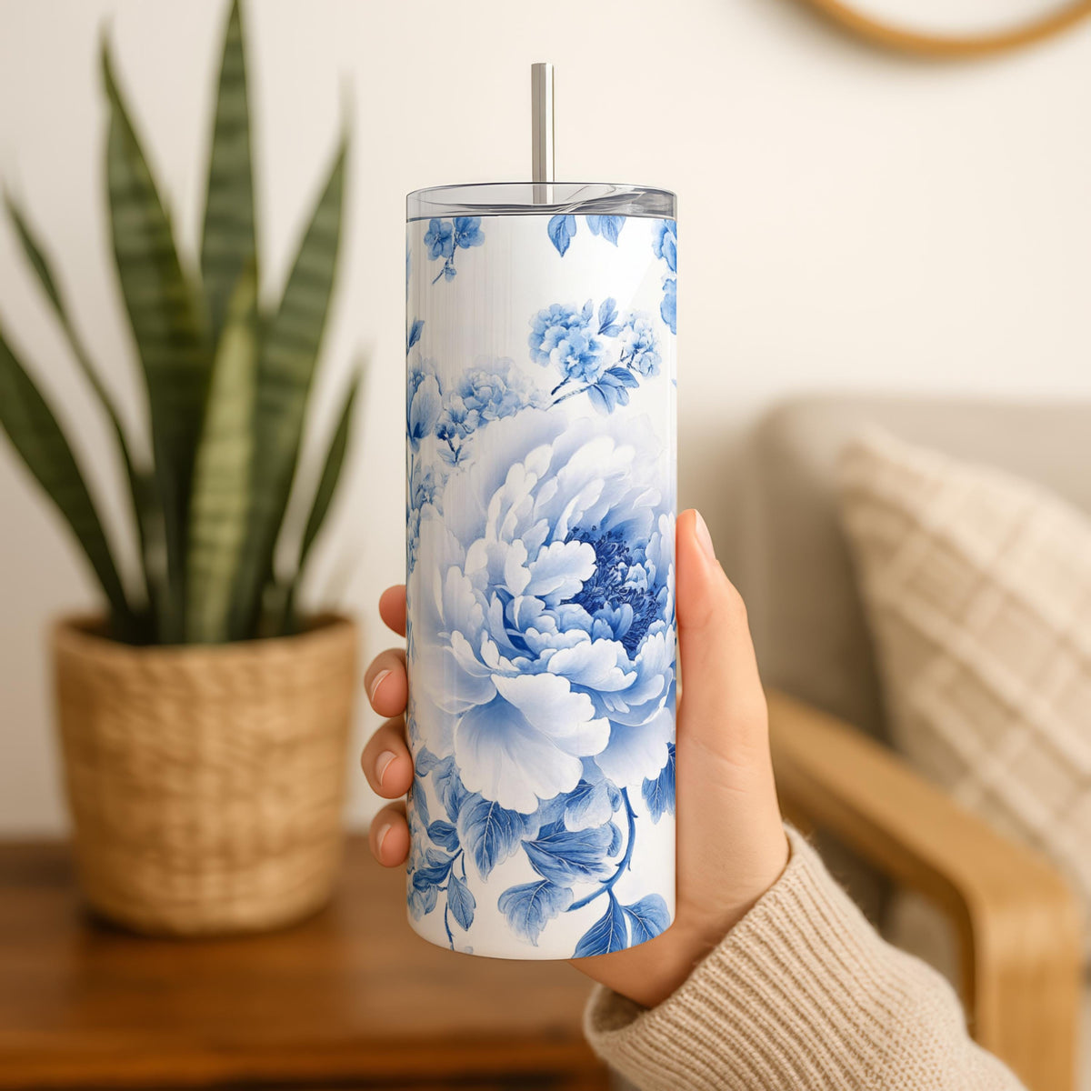 Elegant Blue Peony Flower Design Tumbler, Chinoiserie Porcelain Theme Floral Insulated Tumbler