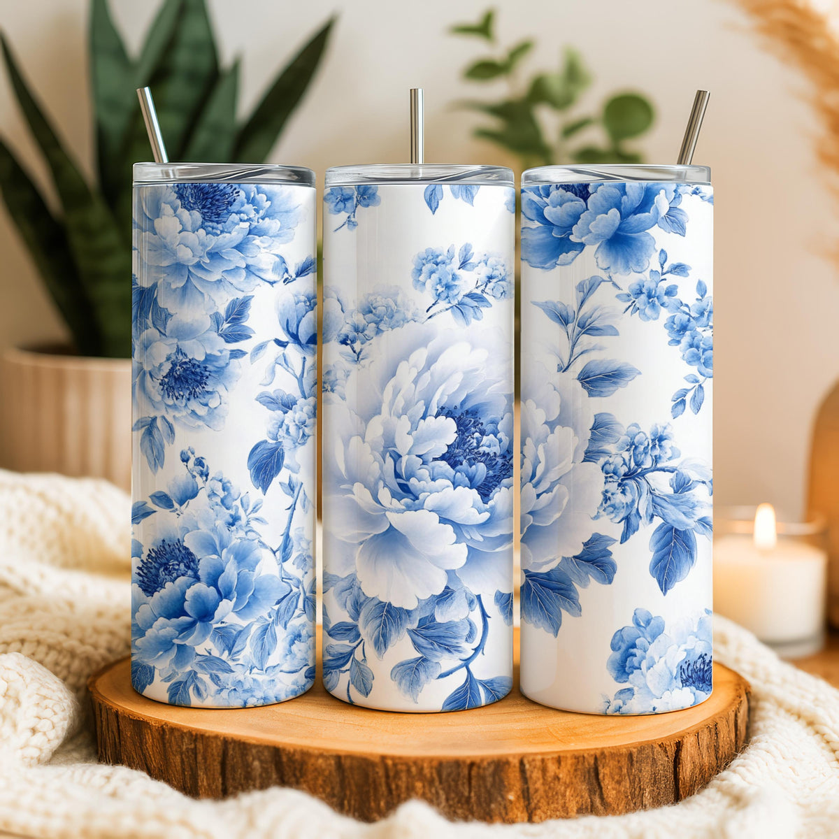 Elegant Blue Peony Flower Design Tumbler, Chinoiserie Porcelain Theme Floral Insulated Tumbler