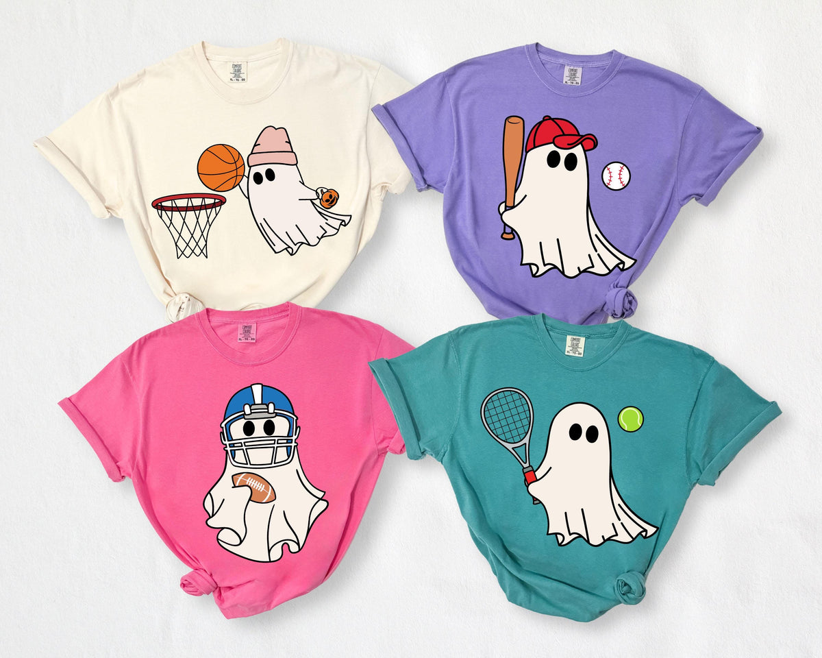 Halloween Ghost Sport Lovers Comfort Colors® Shirts, Athletic Ghost Design Team Matching T-Shirts, Cute Spooky Season Party Crewneck Tee