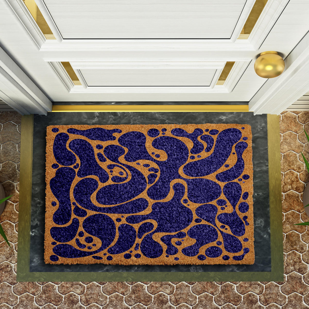 Abstract Navy Blue Doormat, Fluid Art Welcome Mat, Mid Century Modern Home Decor