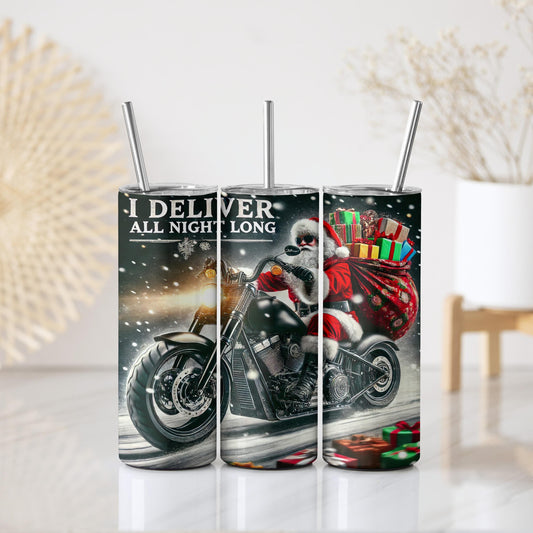 I Deliver All Night Long Tumbler With Straw, Santa Riding Motorcycle Stainless Steel Tumbler