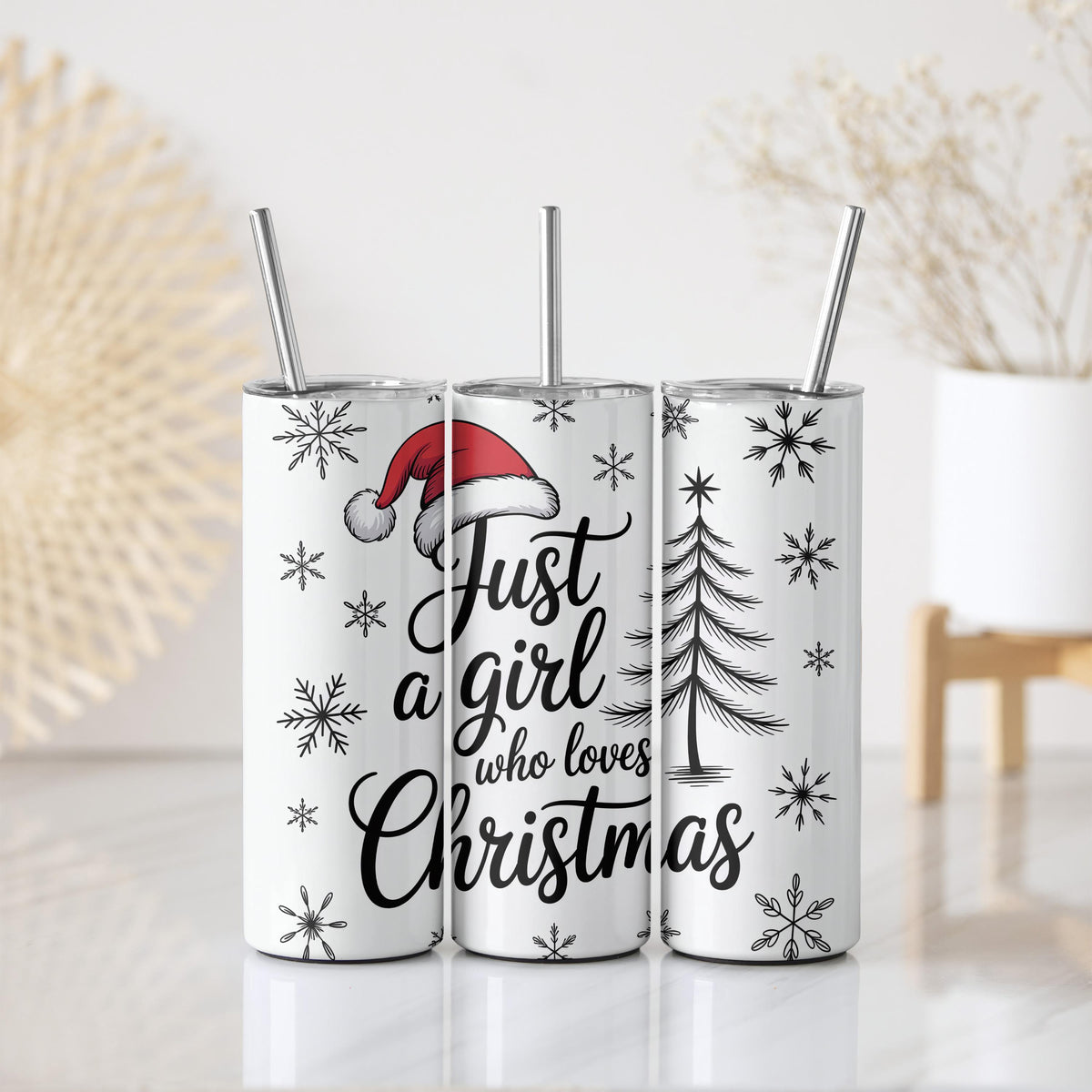 Just A Girl Who Loves Christmas Insulated Tumbler, Xmas Holiday Travel Tumbler With Straw
