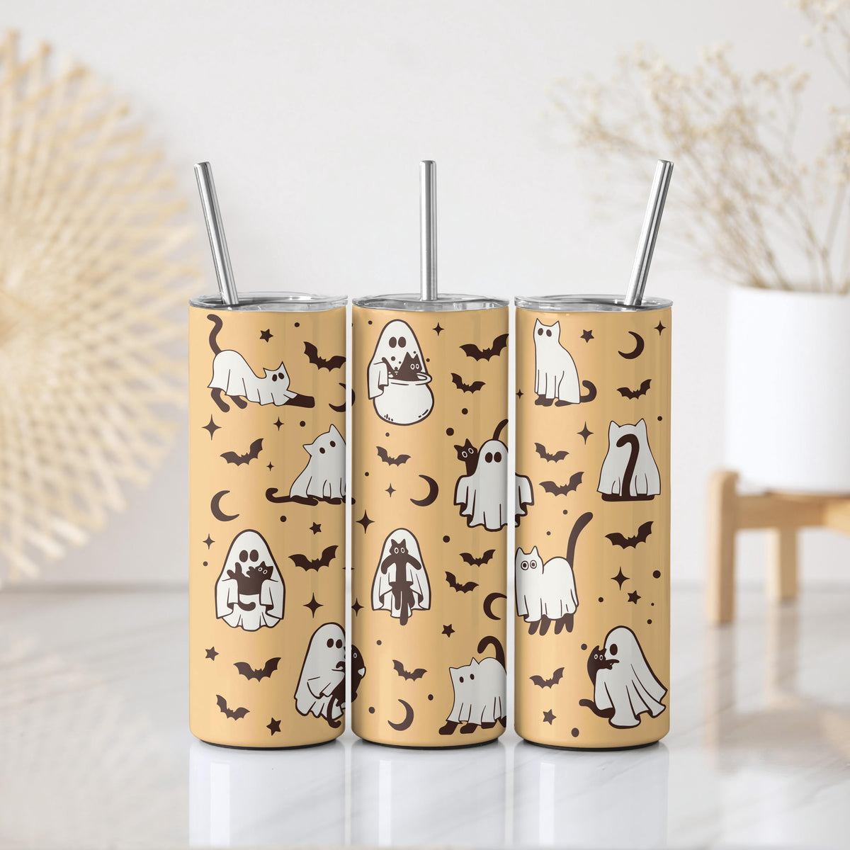 Halloween Ghost Cat Theme Insulated Tumbler, Spooky Season Cute Black Cat And Bats Tumbler