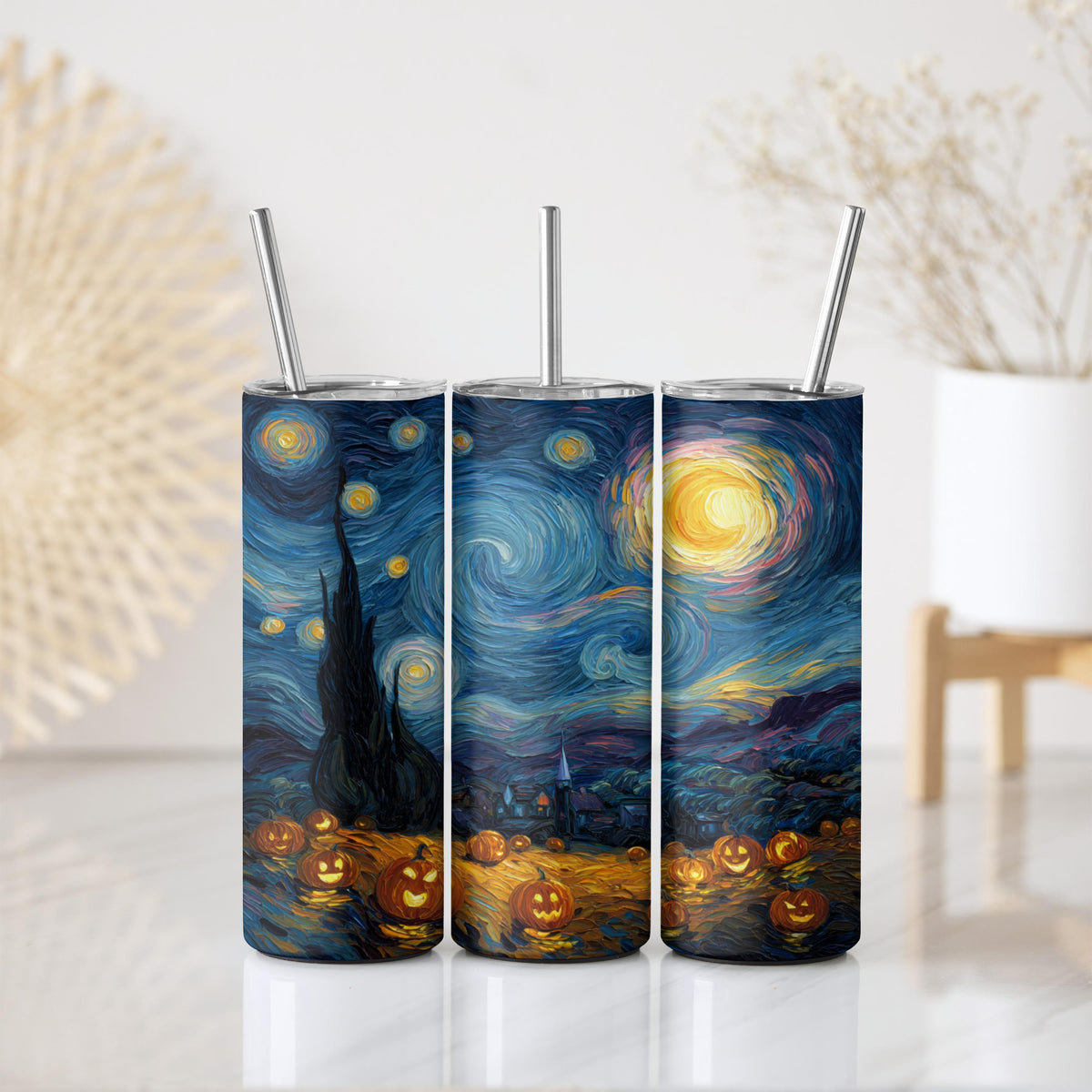 Starry Night Halloween Themed Insulated Tumbler, Spooky Season Pumpkin Field Steel Water Bottle