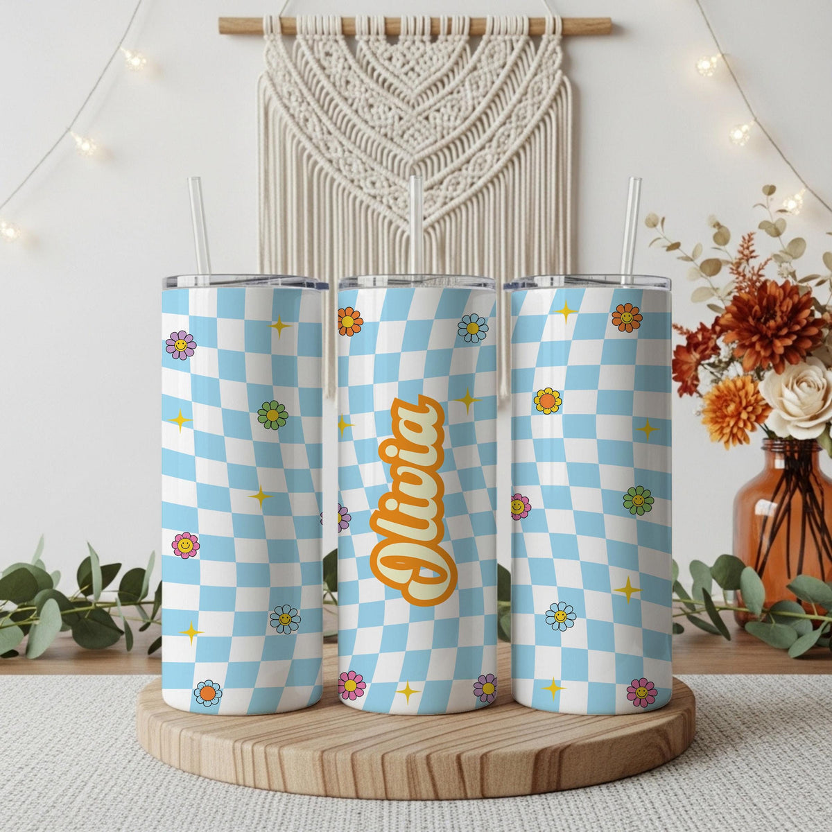 Custom Name Colorful Checkerboard Tumbler With Straw, Y2K Aesthetic Coffee Tumbler