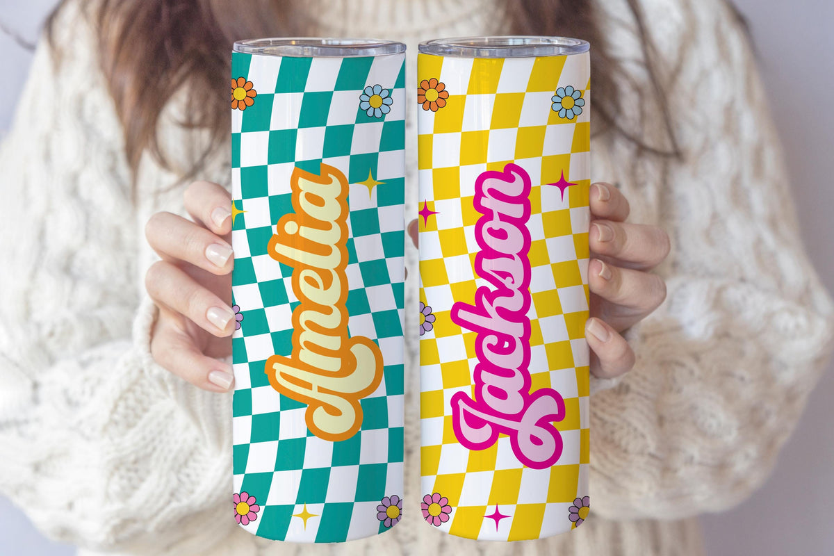 Custom Name Colorful Checkerboard Tumbler With Straw, Y2K Aesthetic Coffee Tumbler