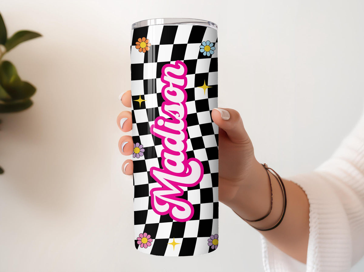 Custom Name Colorful Checkerboard Tumbler With Straw, Y2K Aesthetic Coffee Tumbler