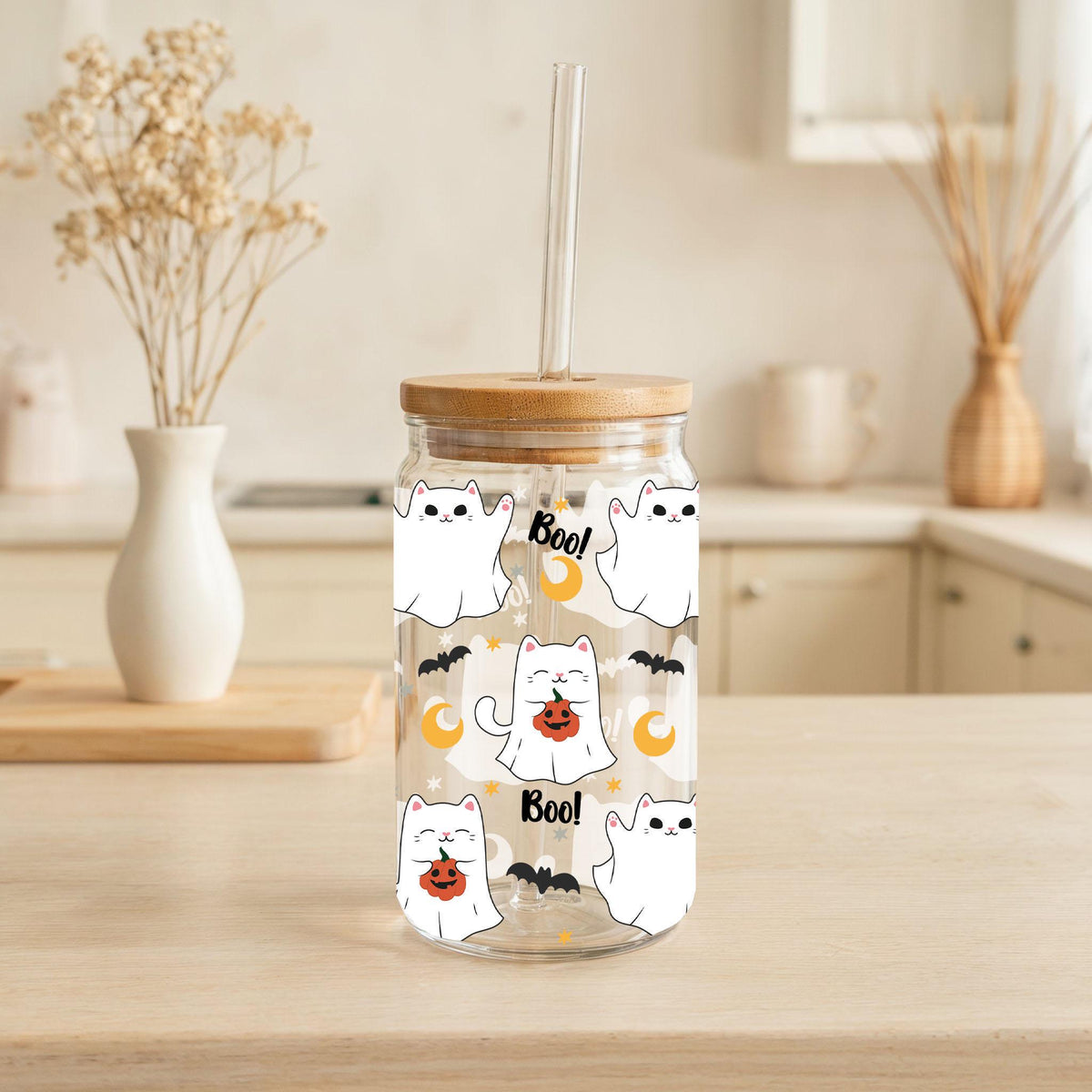 Ghost Cats Boo Halloween Glass Tumbler, Cat Lovers Cute Halloween Can Glass Cup