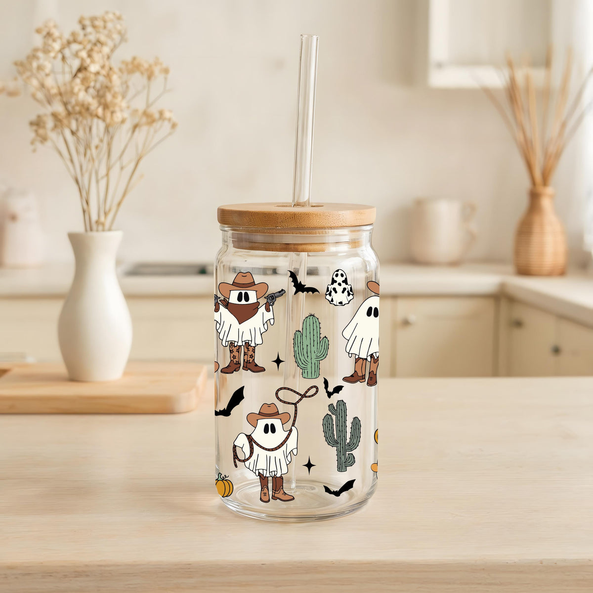 Cowboy Ghost Design Can Glass Tumbler, Western Theme Halloween Cup, Spooky Wild West Gift