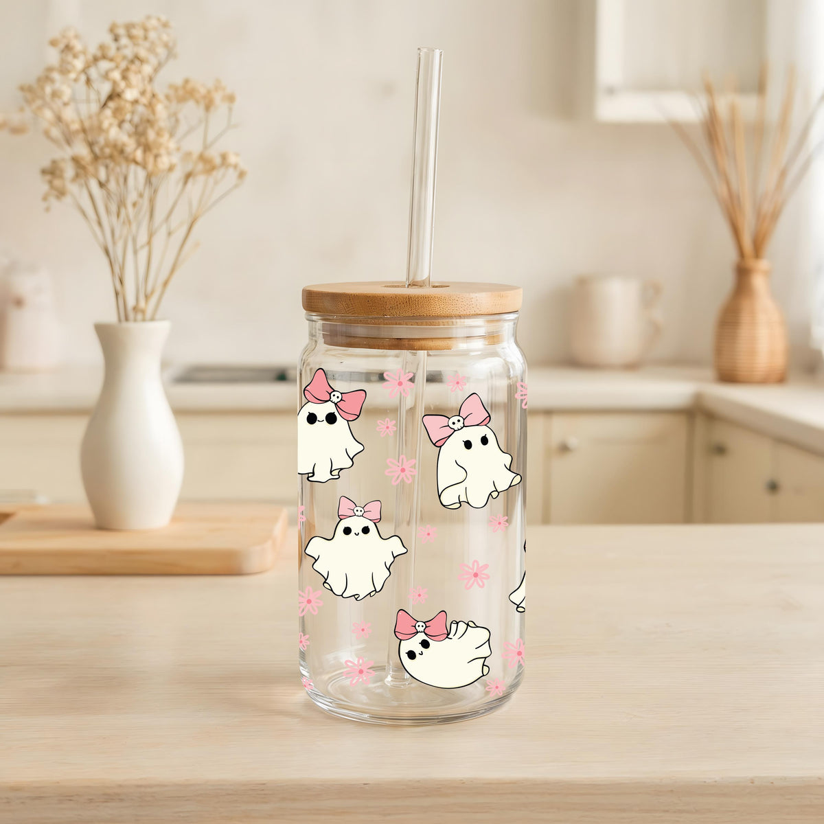 Cute Ghost And Pumpkin With Coquette Design Can Glass Tumbler, Halloween Party Drinkwares