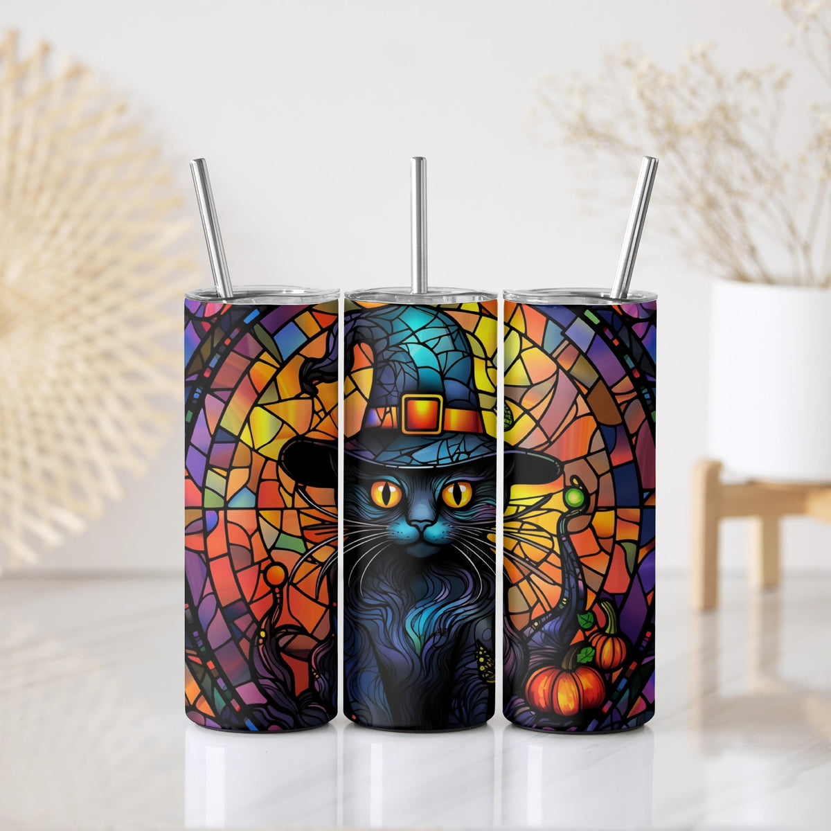 Black Cat Wearing Witch Hat Tumbler With Straw