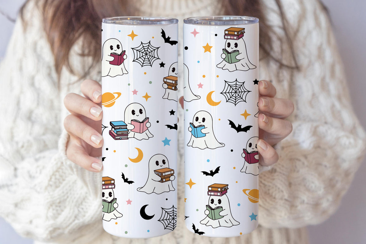 Bookworm Ghost Design Halloween Tumbler With Straw, Spooky Season Kids Drinkware