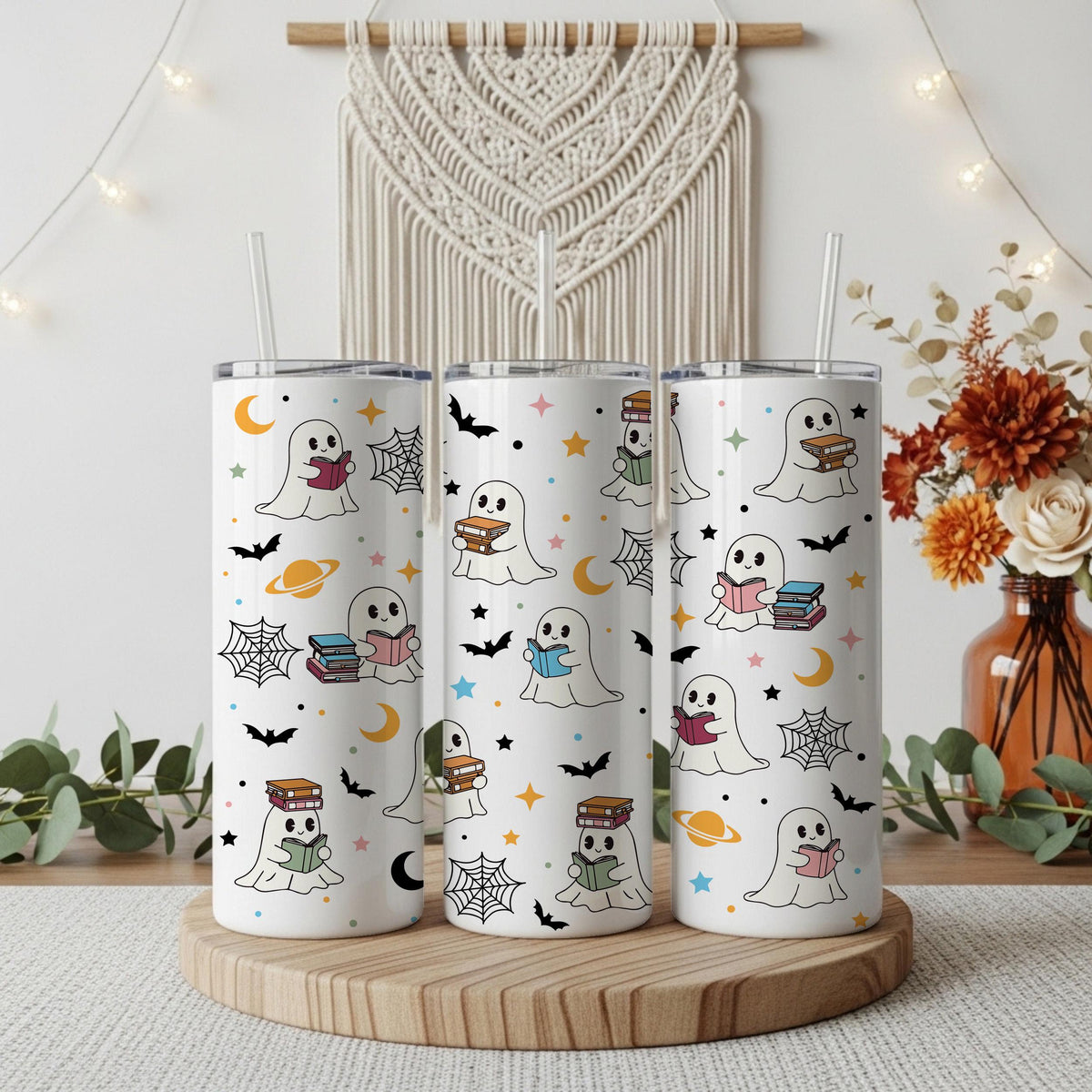 Bookworm Ghost Design Halloween Tumbler With Straw, Spooky Season Kids Drinkware