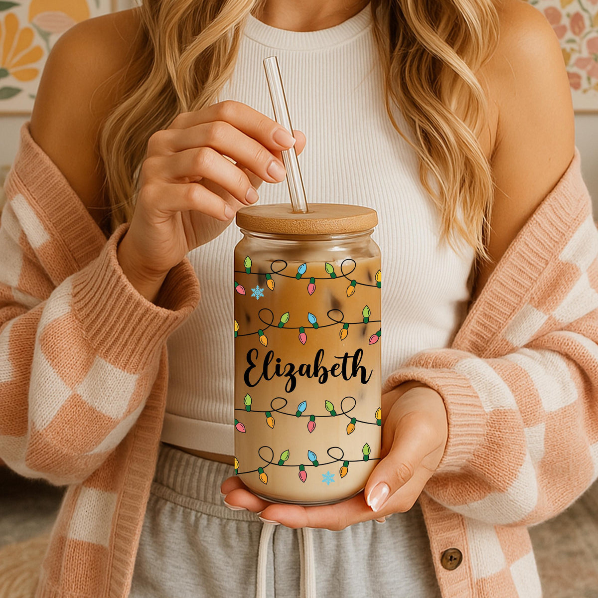Custom Name Christmas Lights Can Glass Tumbler, Merry Christmas Gift For Her