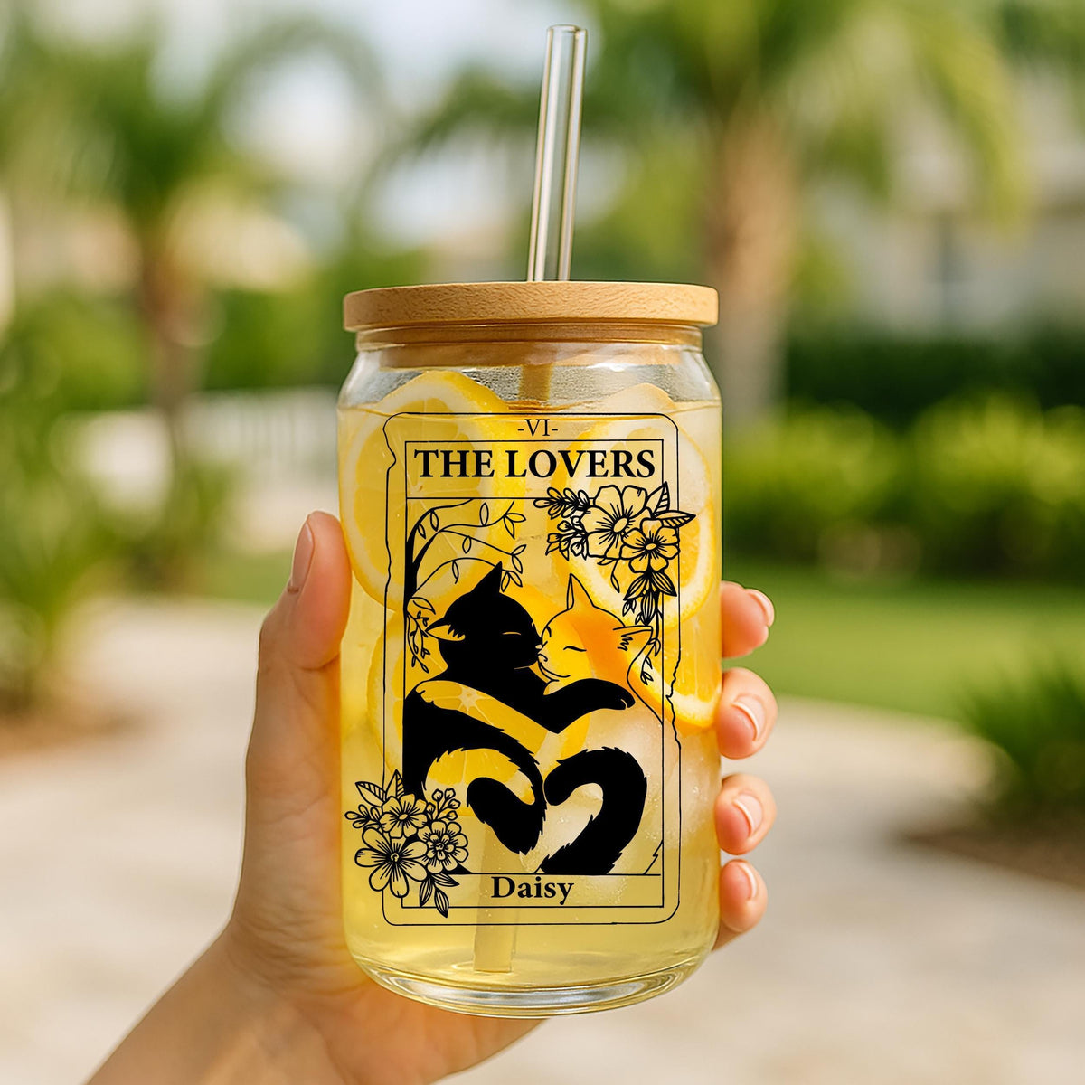 Personalizable Cat Design The Lovers Can Glass Tumbler, Cute Tarot Card Lover Girlfriend Gift