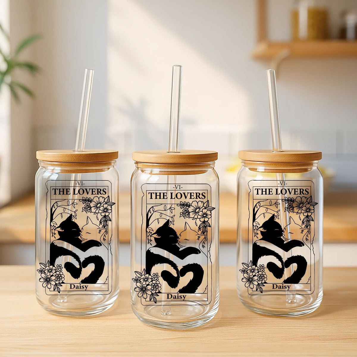 Personalizable Cat Design The Lovers Can Glass Tumbler, Cute Tarot Card Lover Girlfriend Gift
