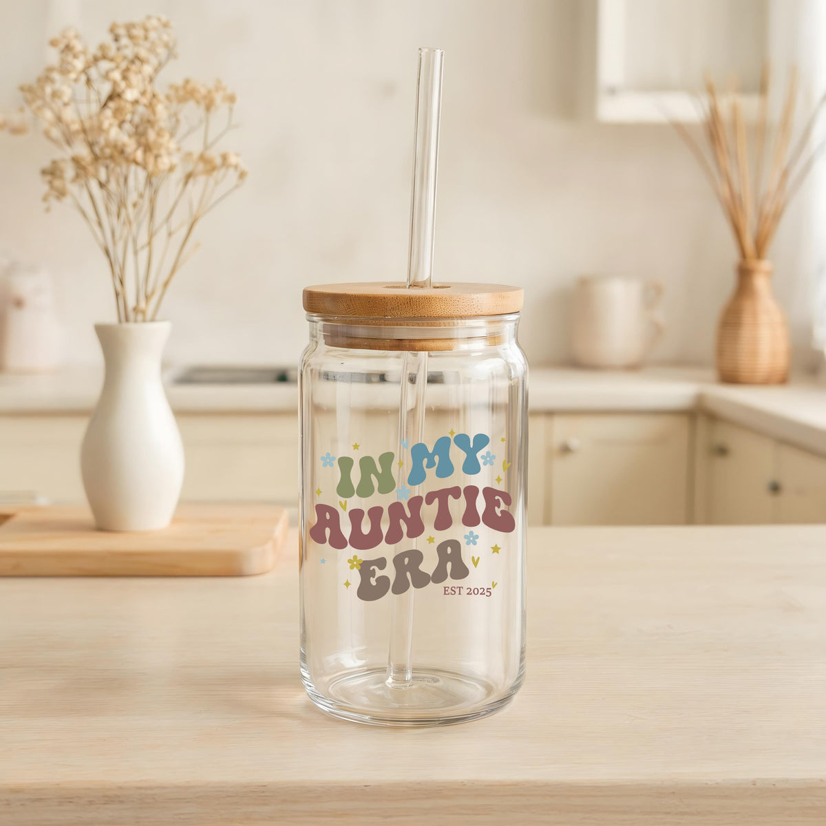 Custom Name In My Auntie Era Can Glass Tumbler, Family Pregnancy Reveal Gifts