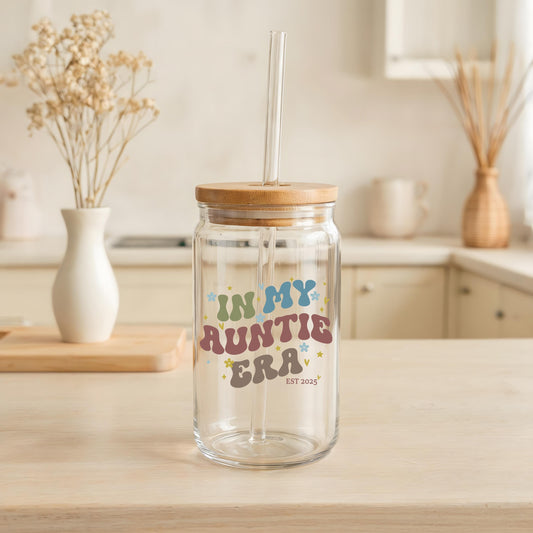 Custom Name In My Auntie Era Can Glass Tumbler, Family Pregnancy Reveal Gifts