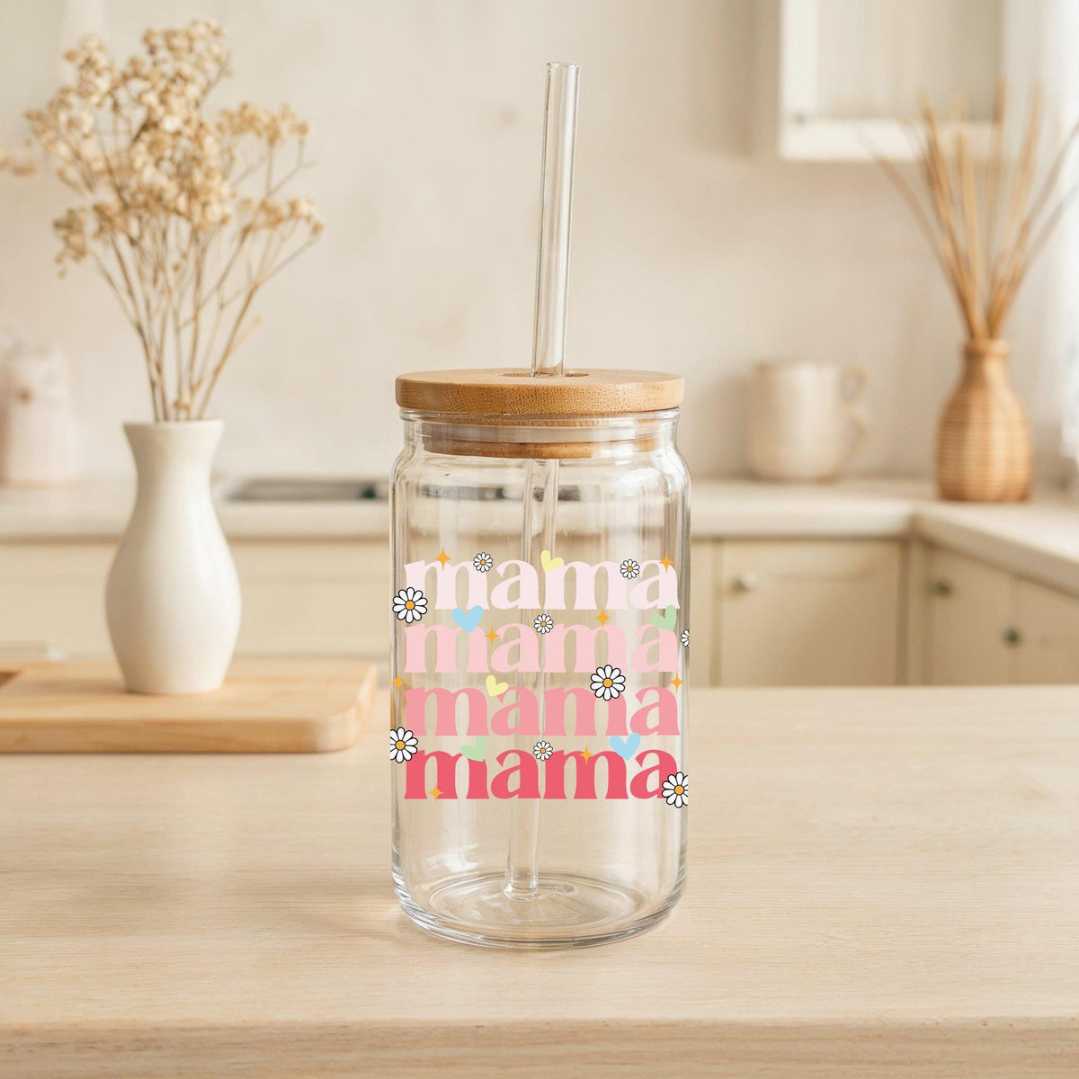 Mama Can Glass Tumbler, Floral Mother's Day Gift Bamboo Lid And Straw Tumbler