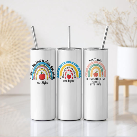 Customizable Teacher Tumbler With Rainbow & Apple