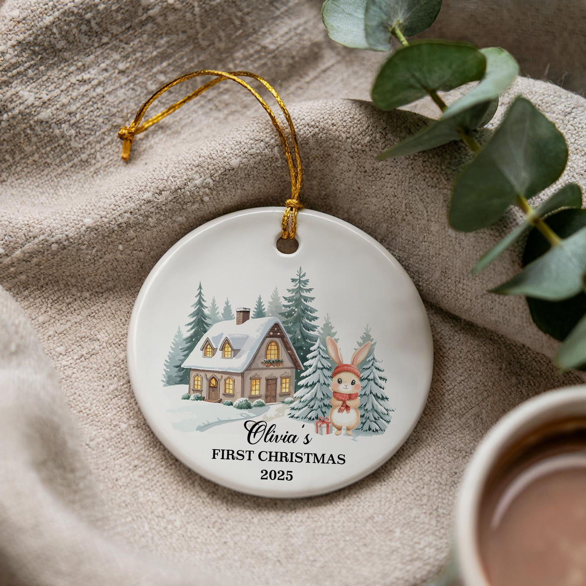 Personalized Baby's First Christmas Ornament, Woodland Bunny, Ceramic Keepsake