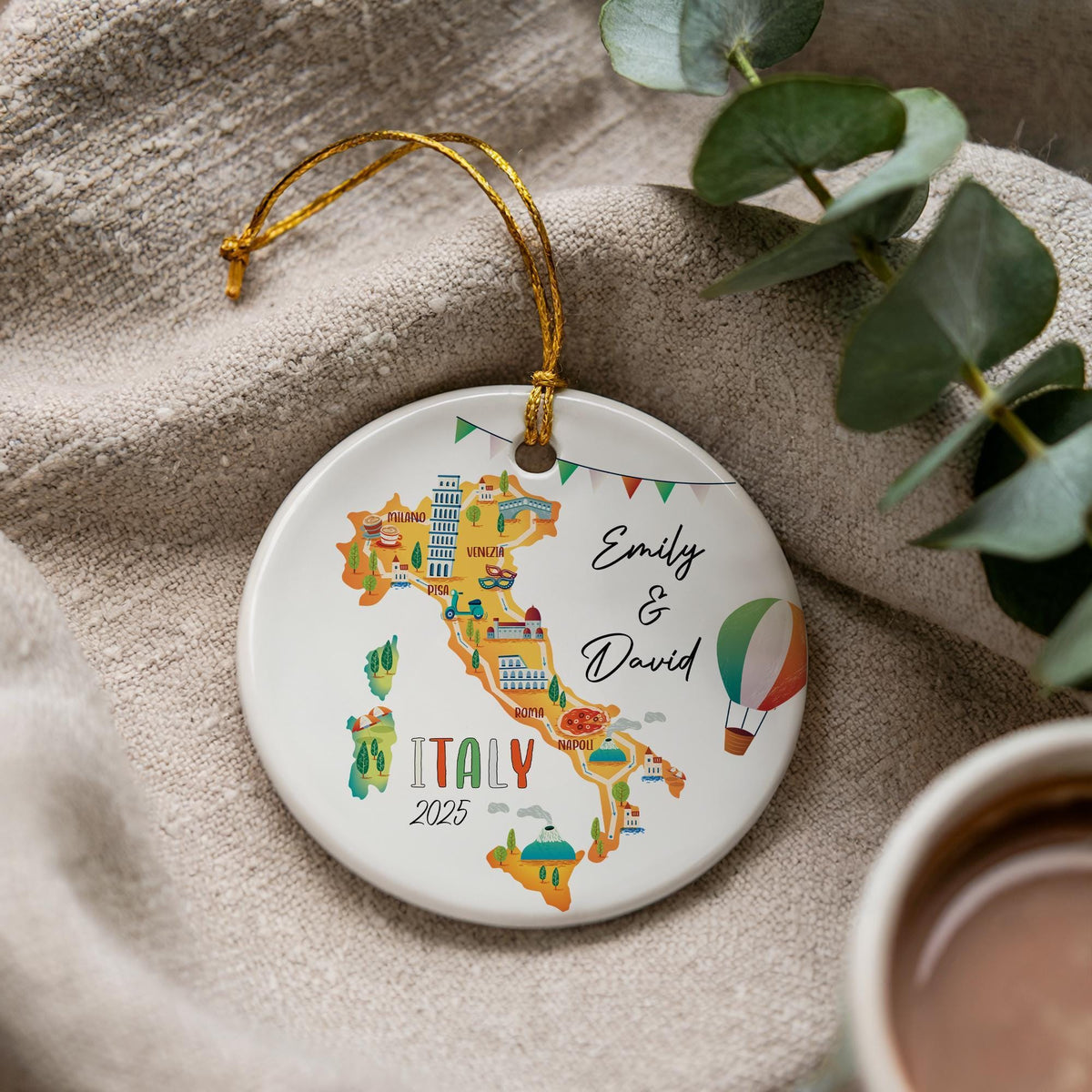 Personalized Italy Map Ornament, Custom Travel Keepsake, Ceramic Souvenir Gift