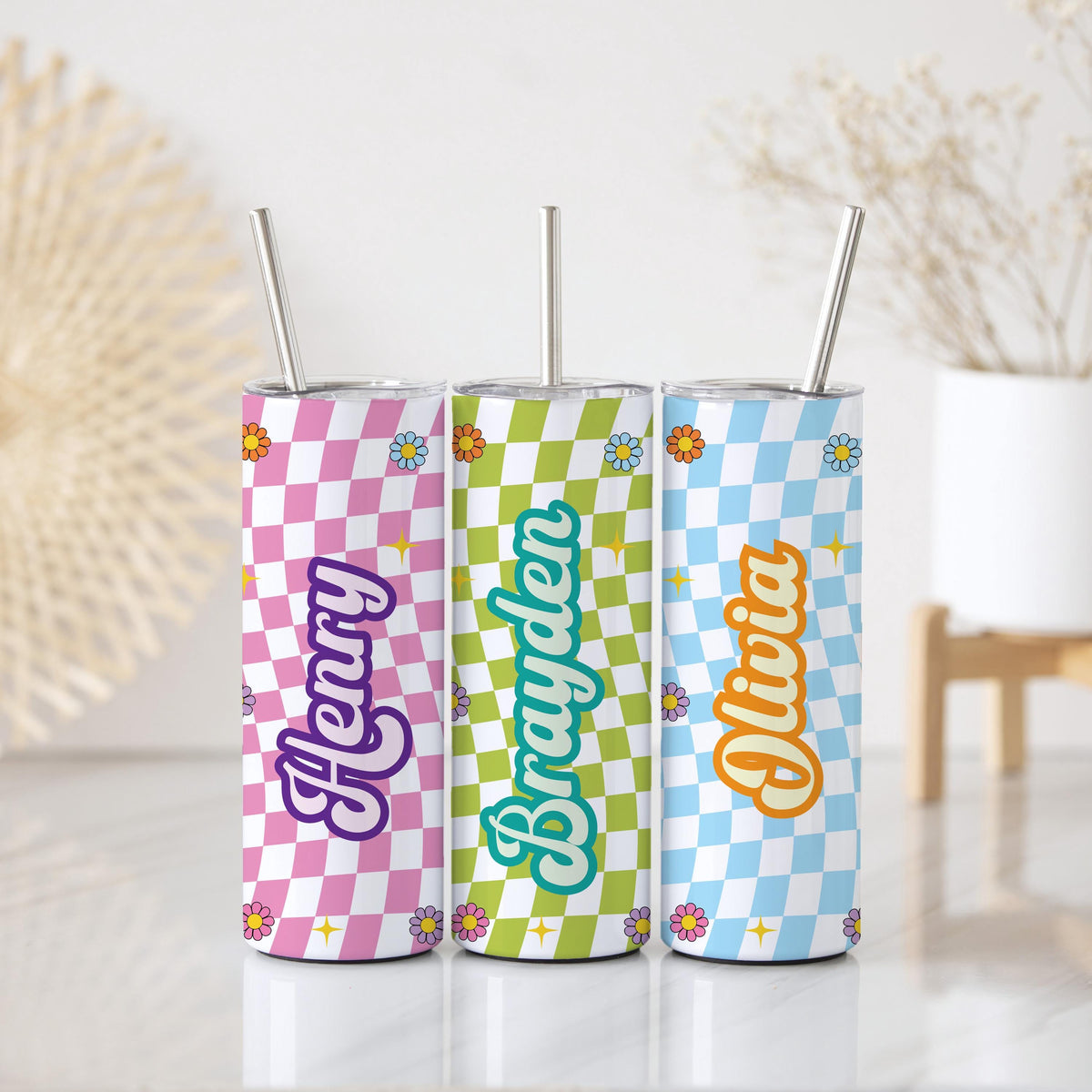 Custom Name Colorful Checkerboard Tumbler With Straw, Y2K Aesthetic Coffee Tumbler