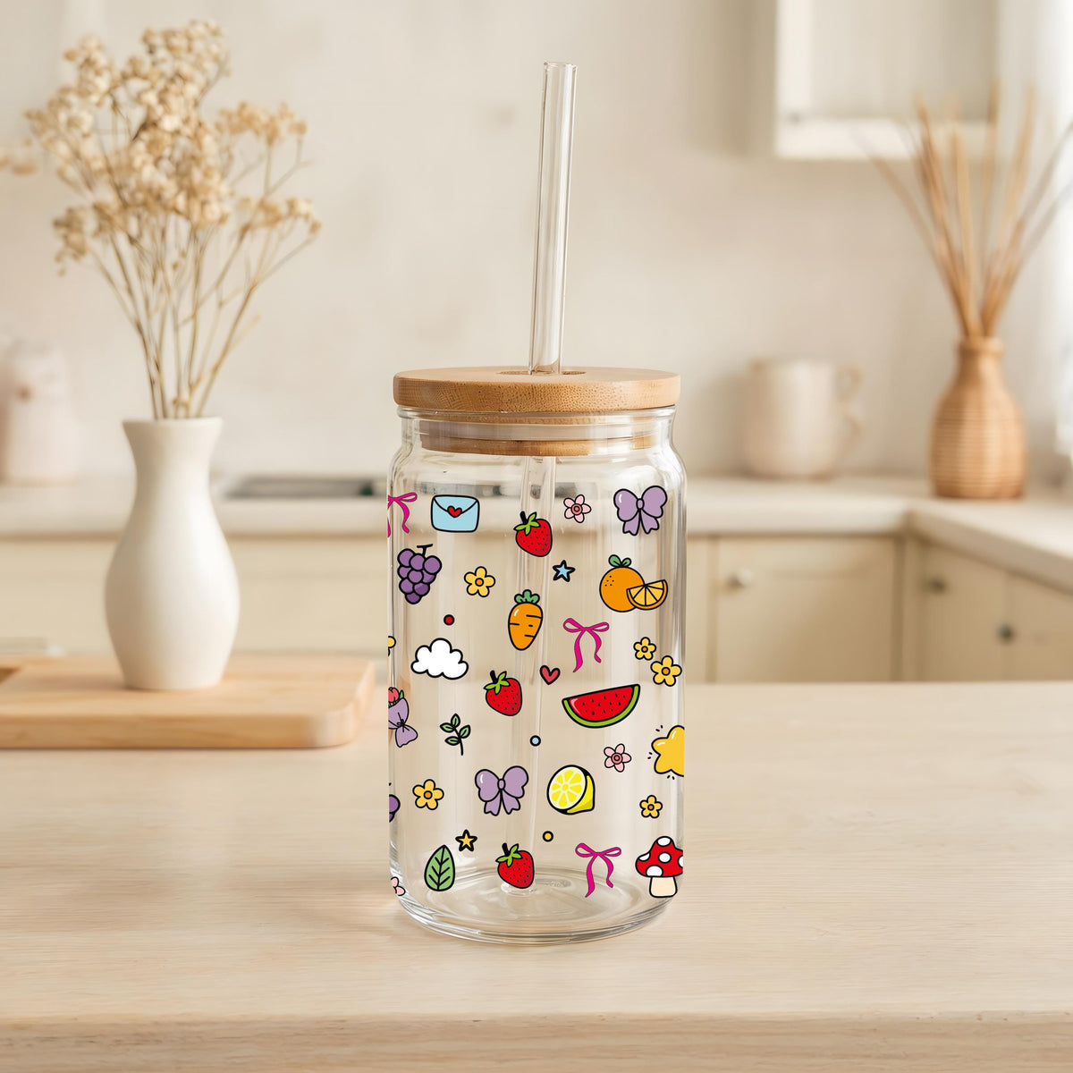 Colorful Fruity Doodle Can Glass Tumbler, Summer Vibes Iced Coffee Cup, 8-Bit Design Retro Gift